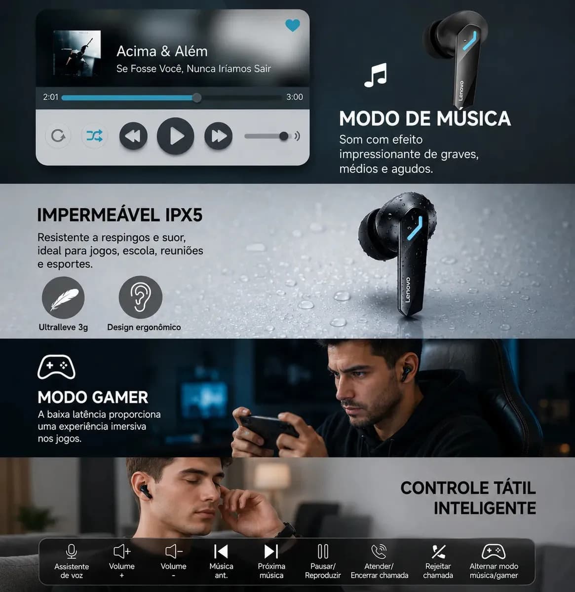 Fone de Ouvido Bluetooth Gamer Lenovo Thinkplus GM2 Pro - Imagem 6